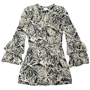 Parker Silk Dress Black Cream Print Ruffle Sleeve Boho Mini - S
